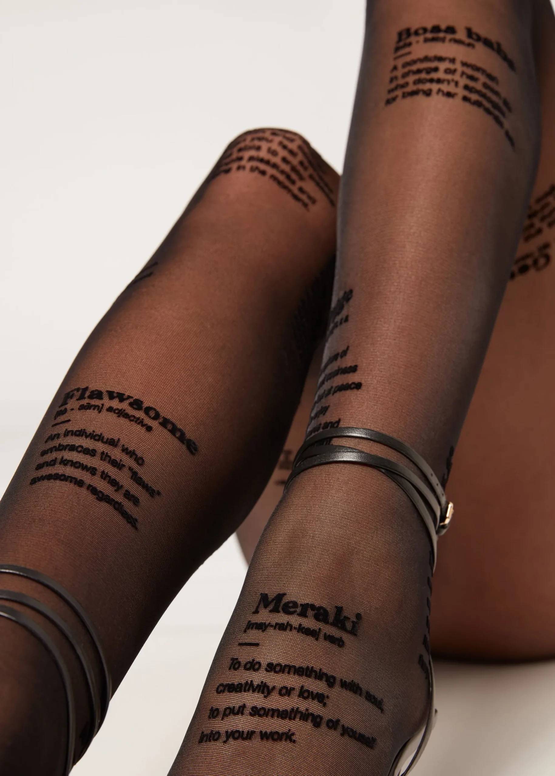 Patterned Tights^Calzedonia 30 Denier Sheer Tights With Flocked “Girl Power” Wording 019 - Black