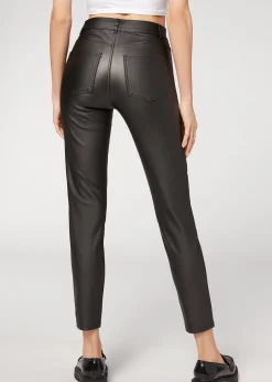Trousers^Calzedonia Coated-Effect Skinny Biker Leggings 019 - Black