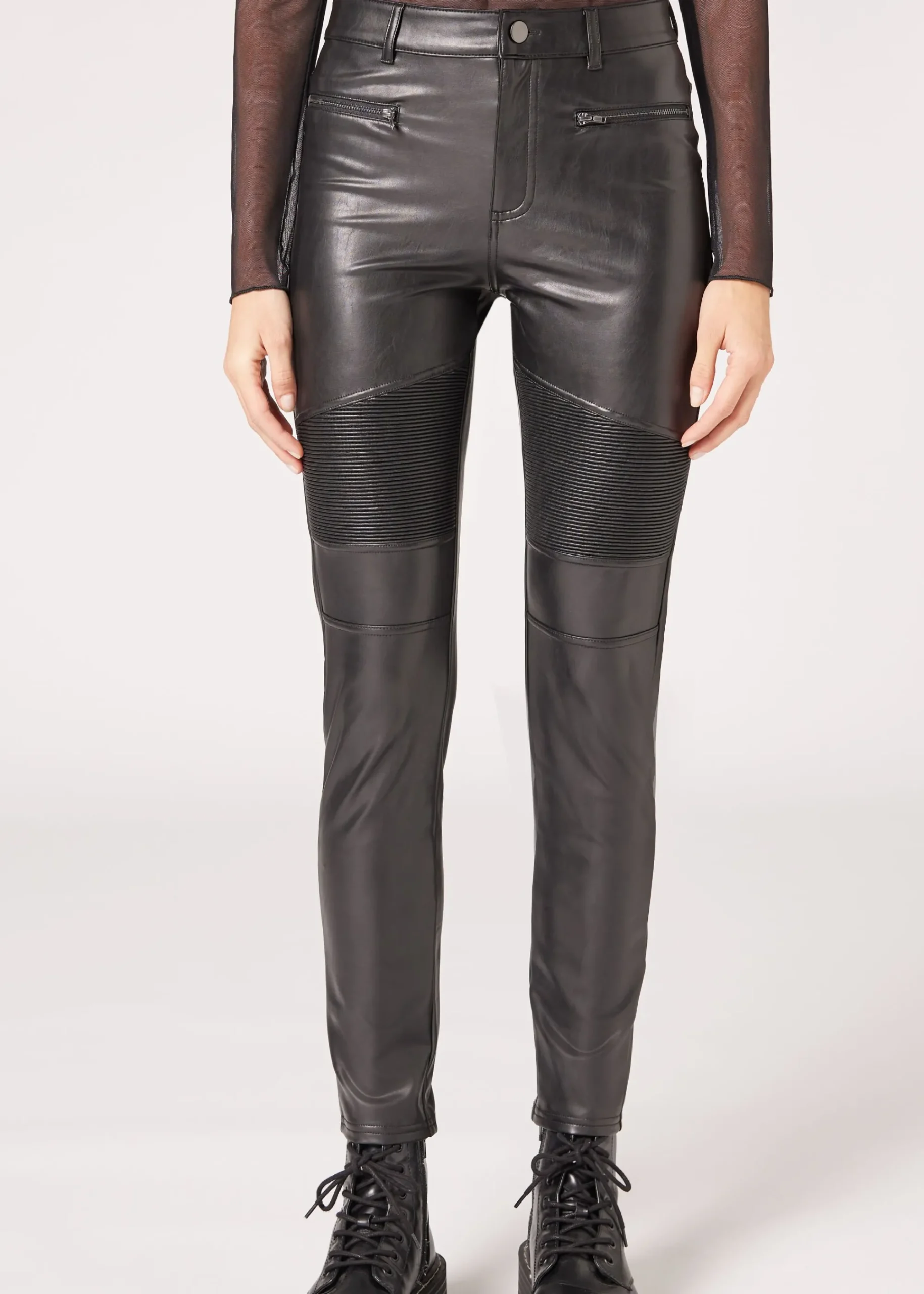Trousers^Calzedonia Coated-Effect Thermal Skinny Biker Leggings 019 - Black