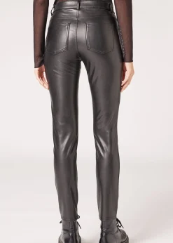 Trousers^Calzedonia Coated-Effect Thermal Skinny Biker Leggings 019 - Black