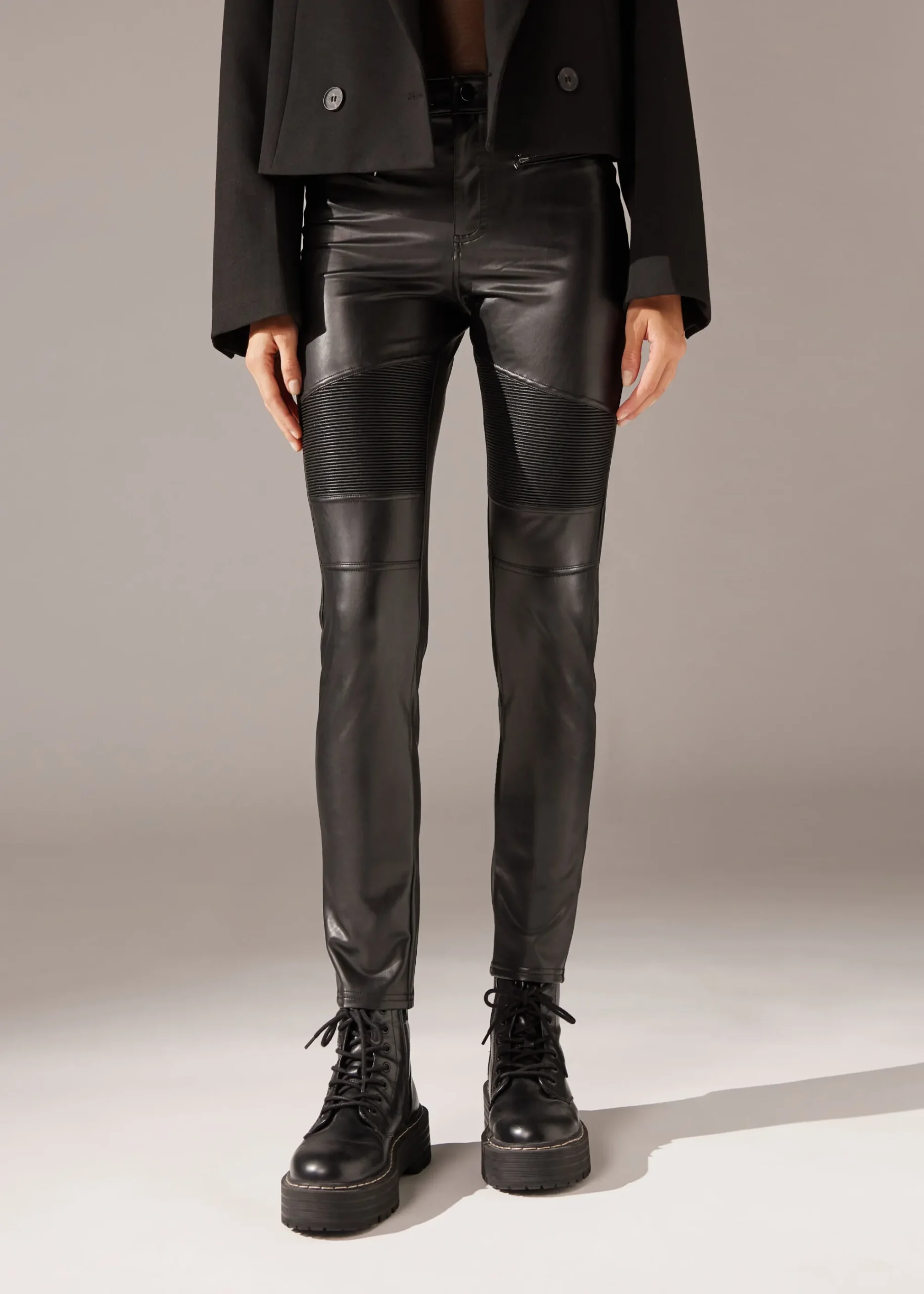 Trousers^Calzedonia Coated-Effect Thermal Skinny Biker Leggings 019 - Black