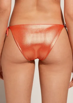 Bikini^Calzedonia Coated-Effect Tie Bikini Bottoms Antigua 633C - Orange Coral Rib