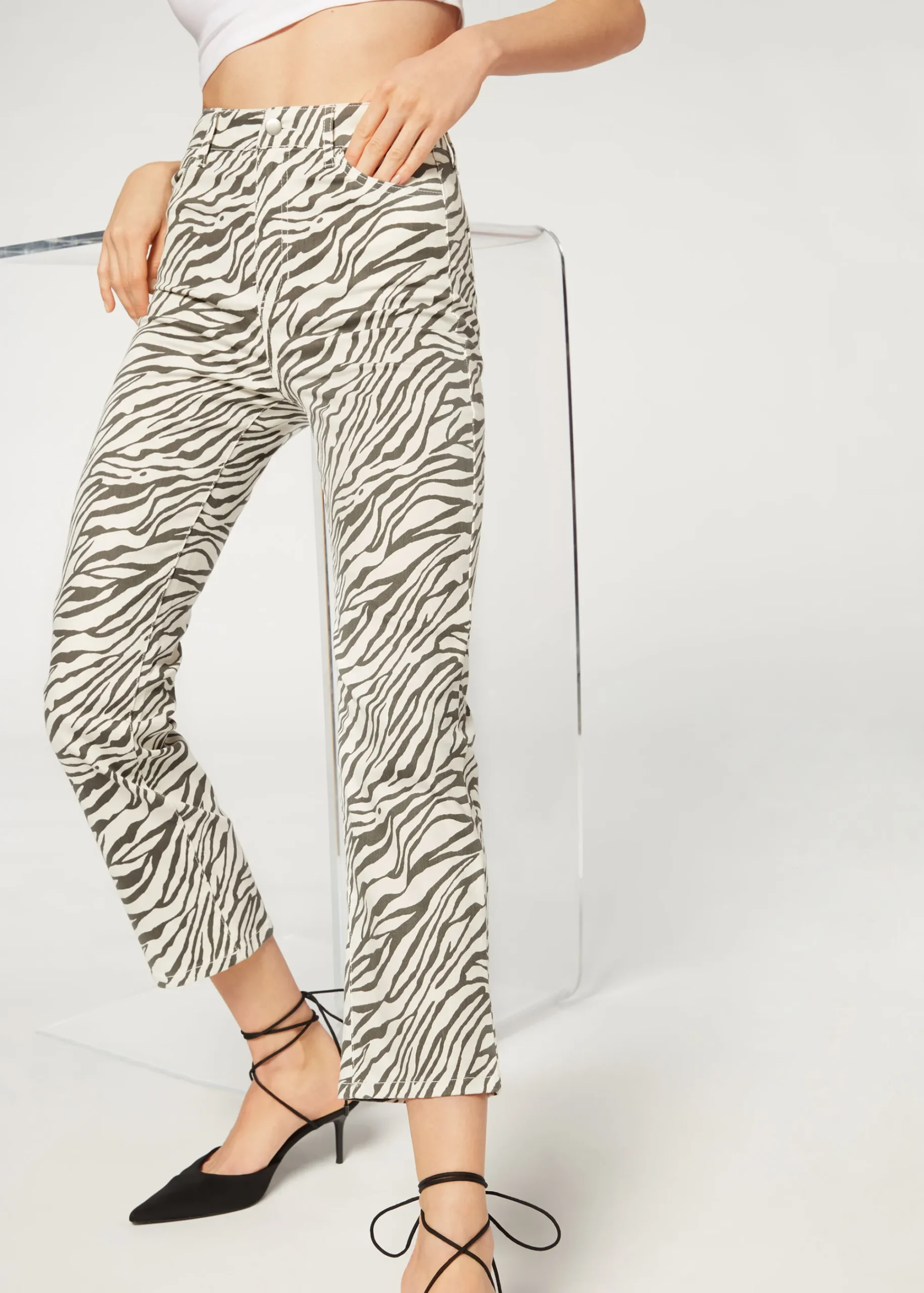 Trousers^Calzedonia Cropped Flared High Waist Jeans 5223 - Zebra Print