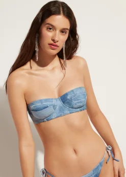 Bikini^Calzedonia Denim Padded Bandeau Bikini Top Ibiza 726C - Denim Patchwork