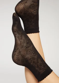 Short Socks^Calzedonia Floral-Patterned Mesh Short Socks 4583 - Black Flowers