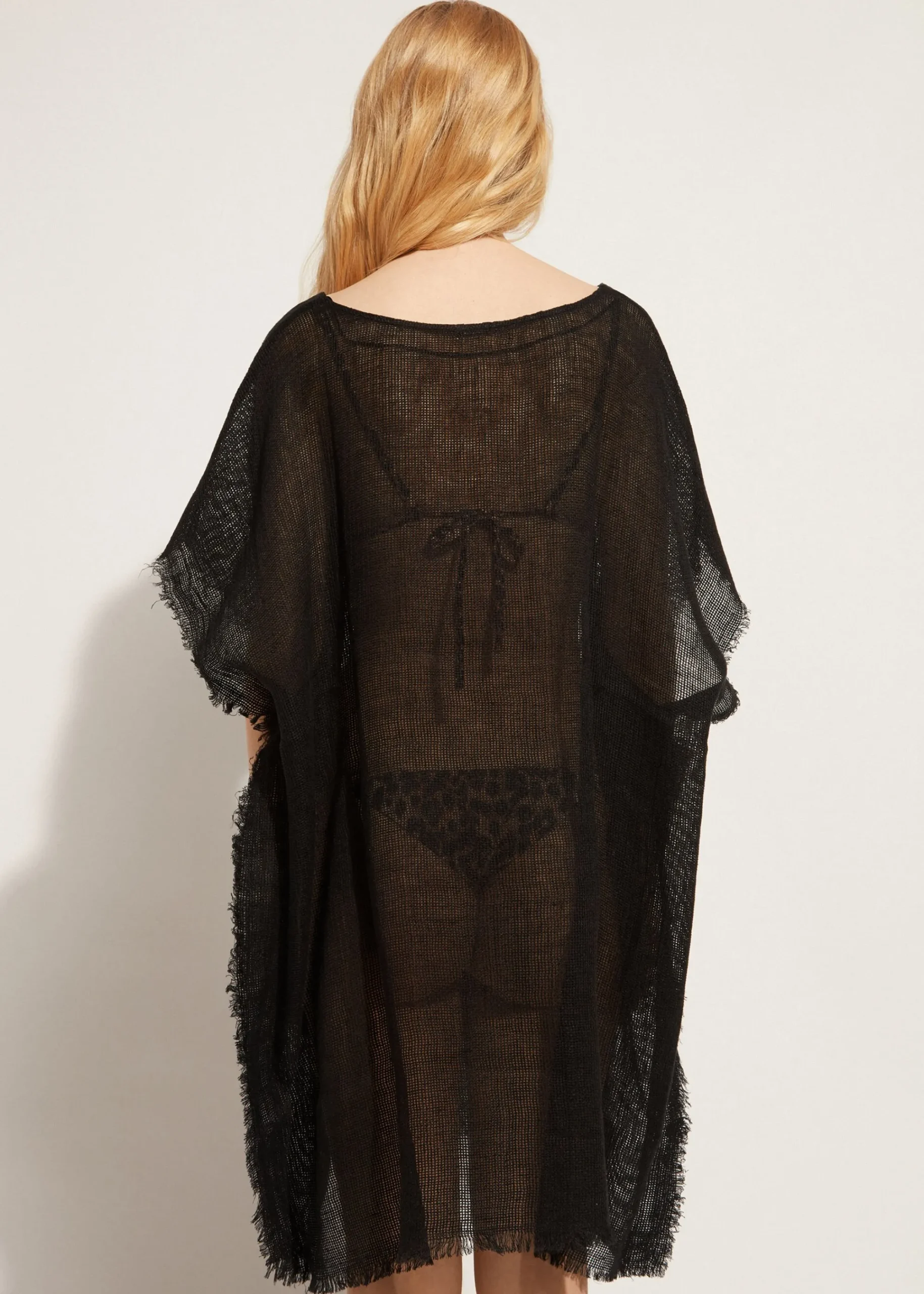 Beachwear^Calzedonia Fringed Linen Mesh Kaftan 06 - Black