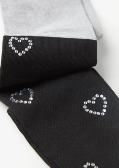 Tights^Calzedonia Girls' Over-Knee Effect Tights With Diamante Heart Applications 5262 - Grey/Black Longuette Hearts
