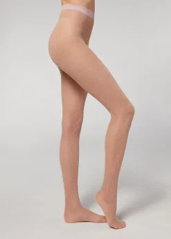 Patterned Tights^Calzedonia Glitter Chevron-Patterned Micronet Tights 5243 - Pink Glitter Chevron