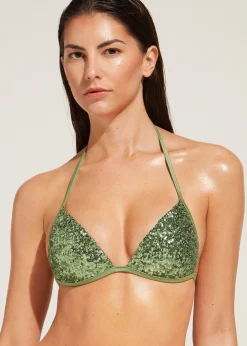 Bikini^Calzedonia Graduated Padded Triangle Bikini Top Cannes 622C - Paillettes Desert Green