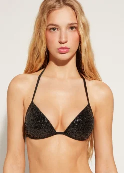 Bikini^Calzedonia Graduated Padded Triangle Bikini Top Cannes 650C - Black Sequin