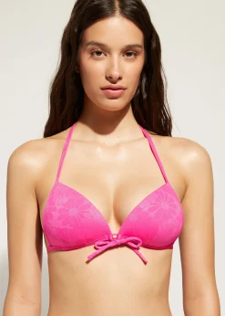 Bikini^Calzedonia Graduated Padded Triangle Bikini Top Antibes 639C - Bright Pink Flowers