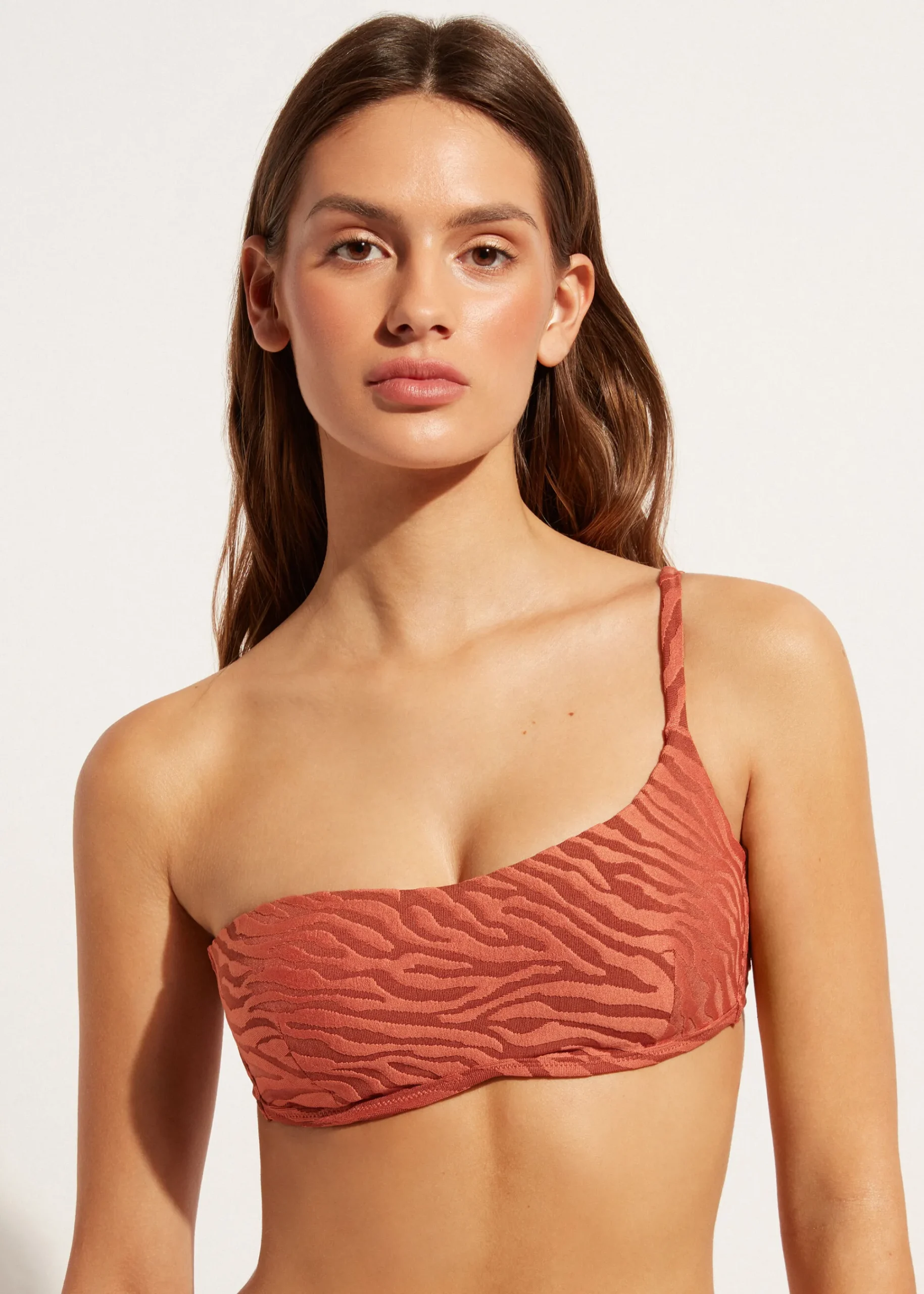 Bikini^Calzedonia Istanbul Zebra Print One-Shoulder Bandeau Bikini Top 688C - Brown Animal Print