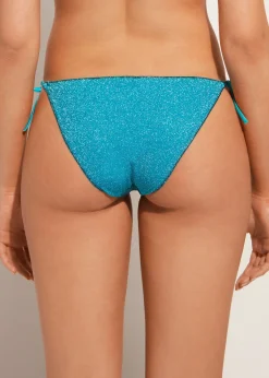 Bikini^Calzedonia Lame Tie Bikini Bottoms Lisbona 706C - Turquoise Green Patchwork