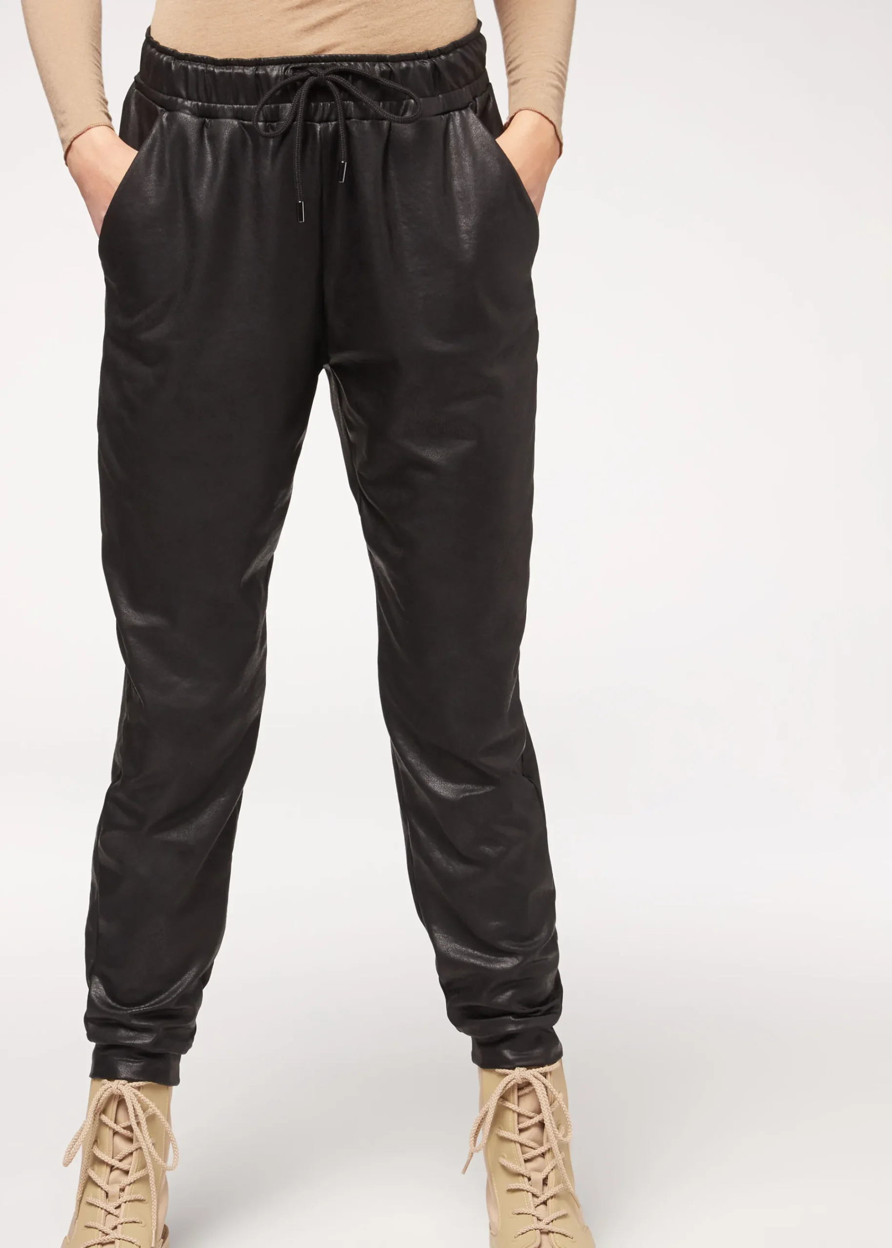 Trousers^Calzedonia Leather Effect Thermal Joggers 315C - Vintage Black