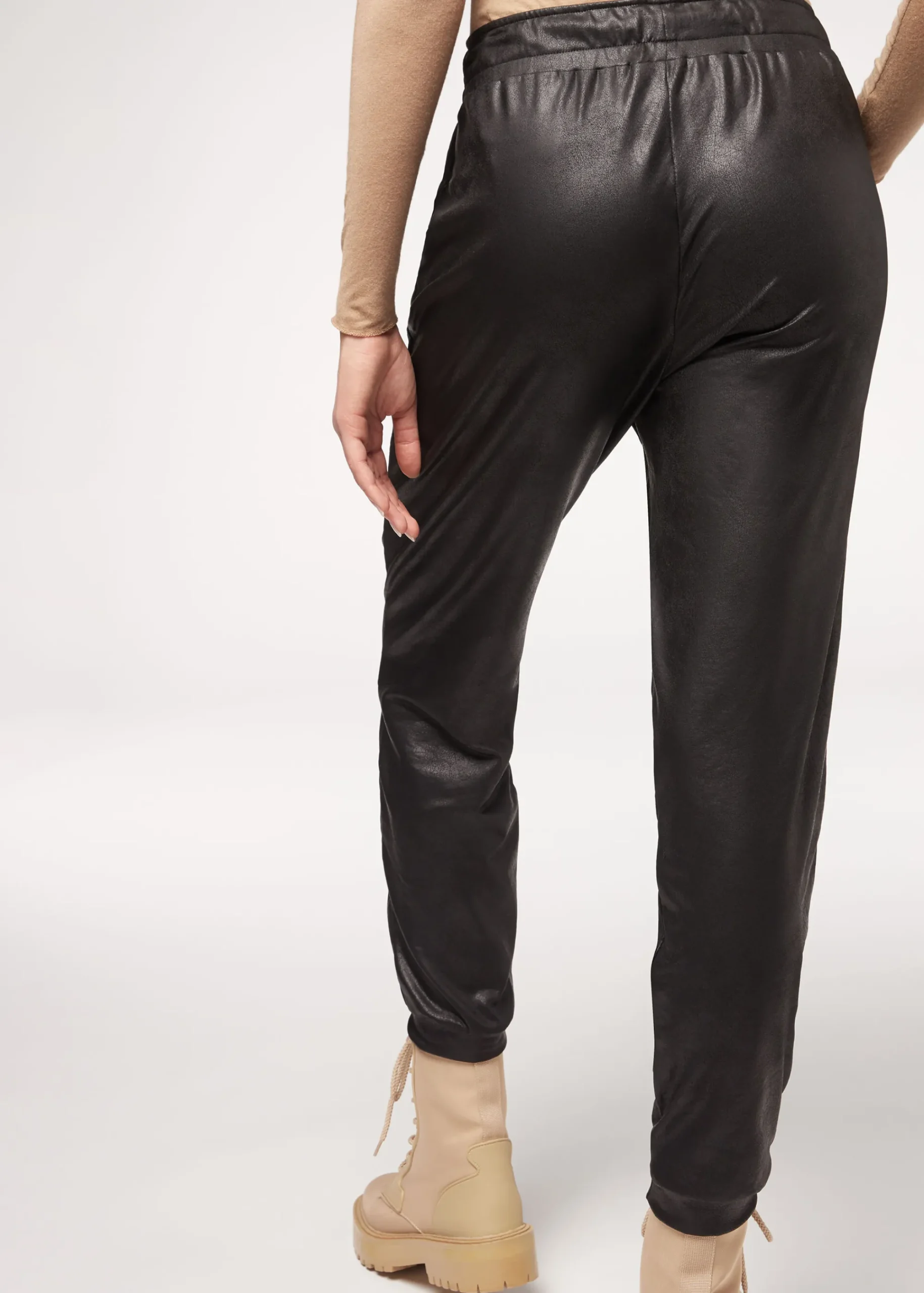 Trousers^Calzedonia Leather Effect Thermal Joggers 315C - Vintage Black