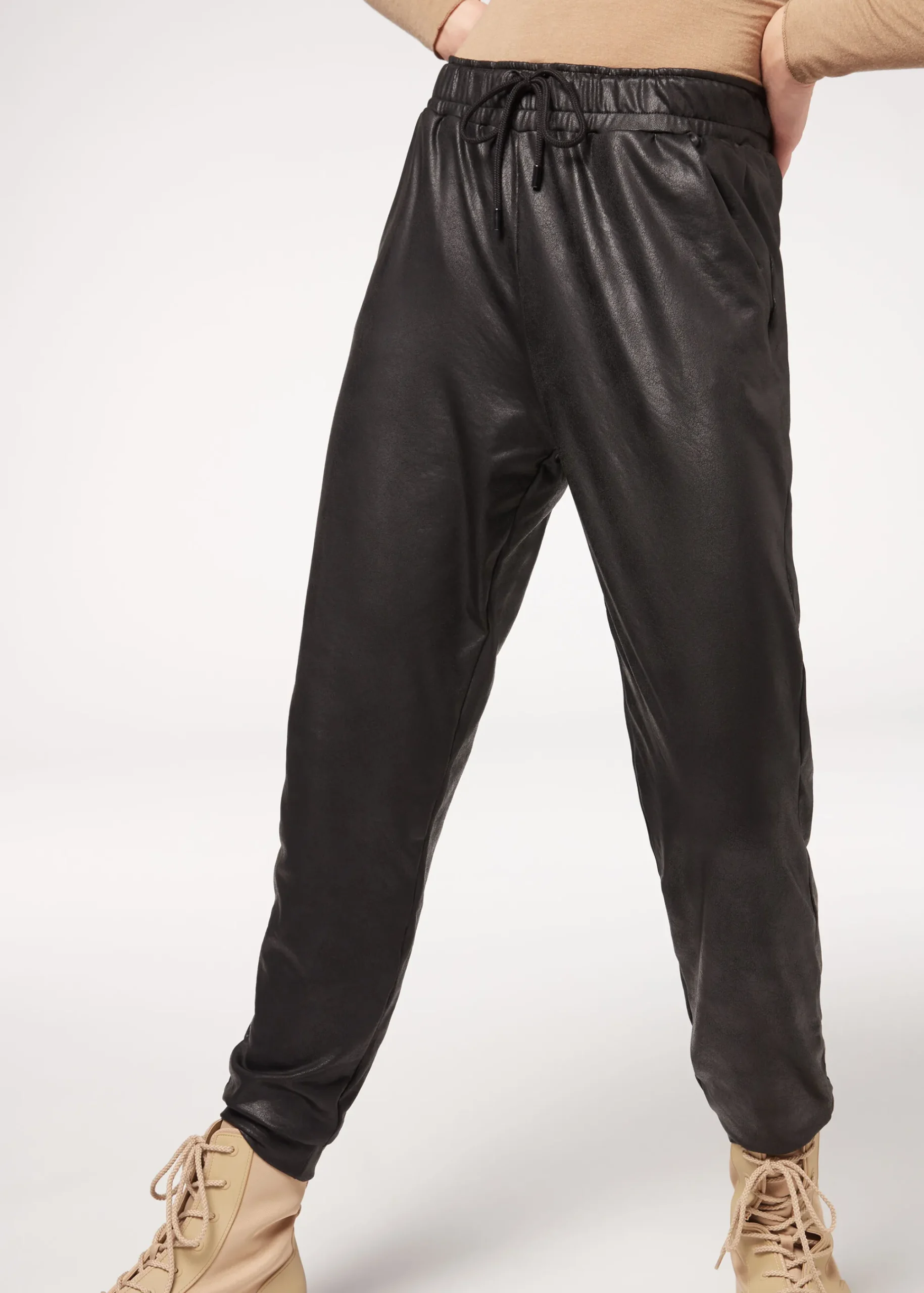 Trousers^Calzedonia Leather Effect Thermal Joggers 315C - Vintage Black