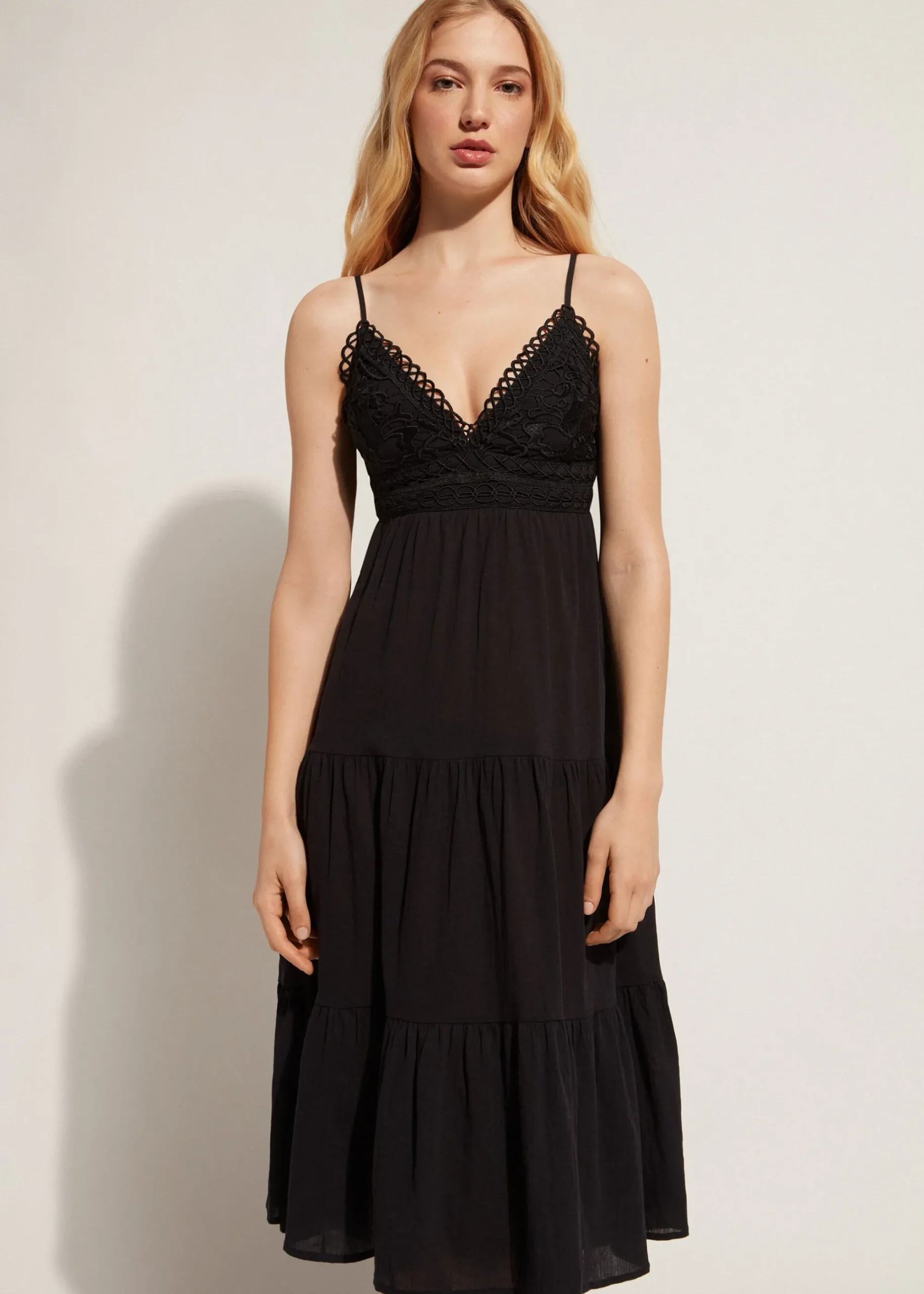 Beachwear^Calzedonia Macrame Lace Midi Dress With Flounced Skirt 06 - Black