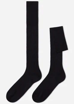 Long Socks^Calzedonia Men's Long Ribbed Lisle Thread Socks 780 - Charcoal Grey