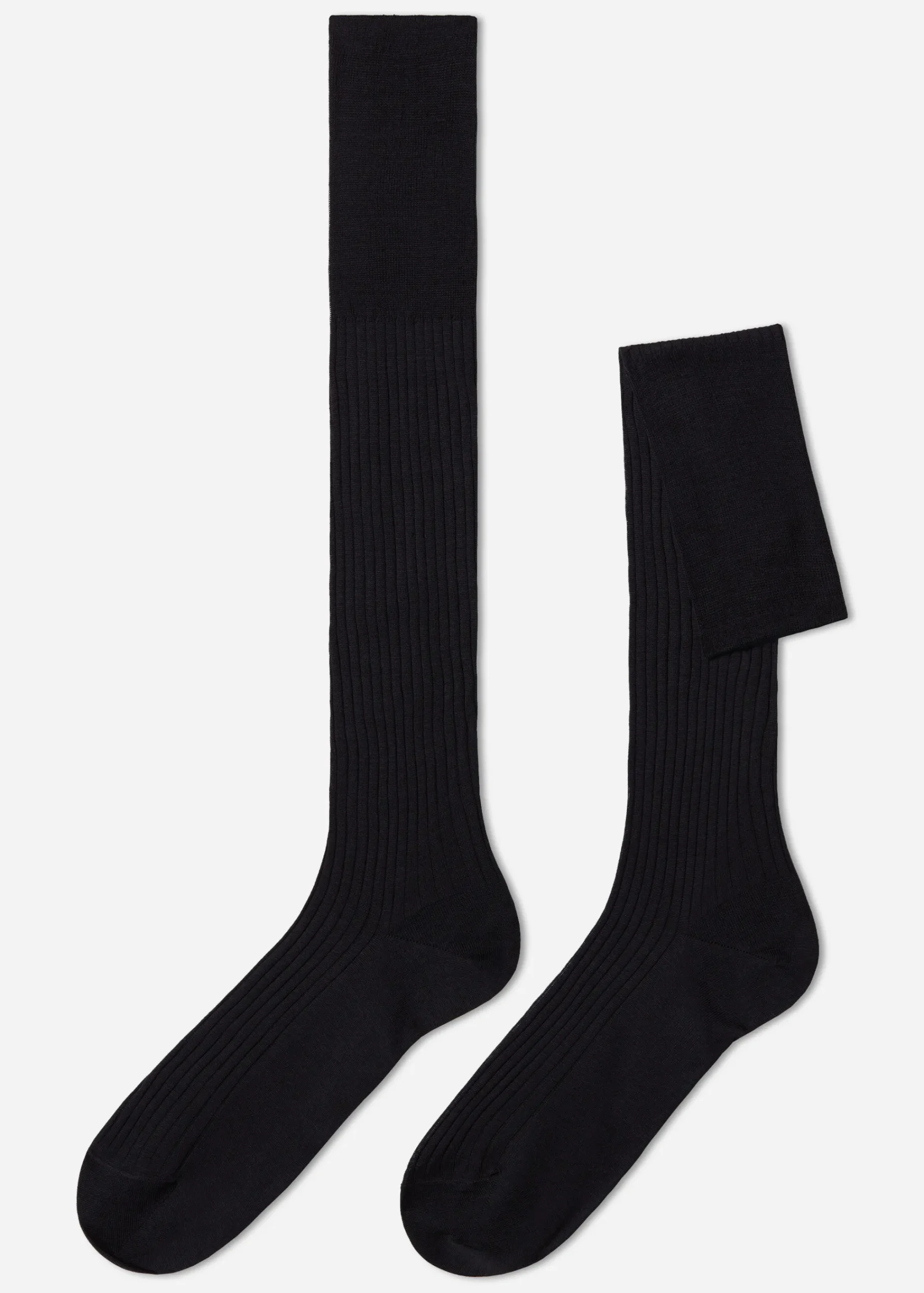 Long Socks^Calzedonia Men's Long Ribbed Lisle Thread Socks 780 - Charcoal Grey