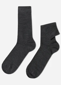 Short Socks^Calzedonia Men's Wool And Cotton Crew Socks 711 - Charcoal Grey Blend