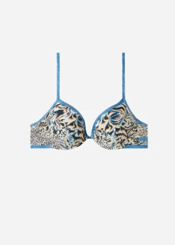 Bikini^Calzedonia Mykonos Animal Print Padded Triangle Bikini Top 690C - Denim Blue Animal Print