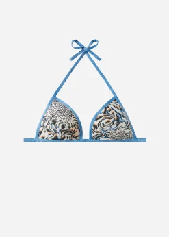 Bikini^Calzedonia Mykonos Graduated Padded Animal Print Triangle Bikini Top 690C - Denim Blue Animal Print