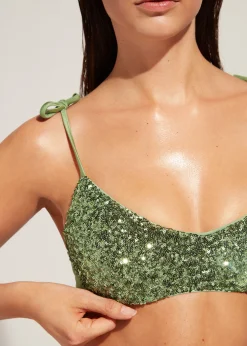 Bikini^Calzedonia Padded Crop Bikini Top Cannes 622C - Paillettes Desert Green