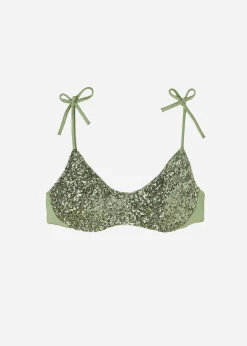 Bikini^Calzedonia Padded Crop Bikini Top Cannes 622C - Paillettes Desert Green