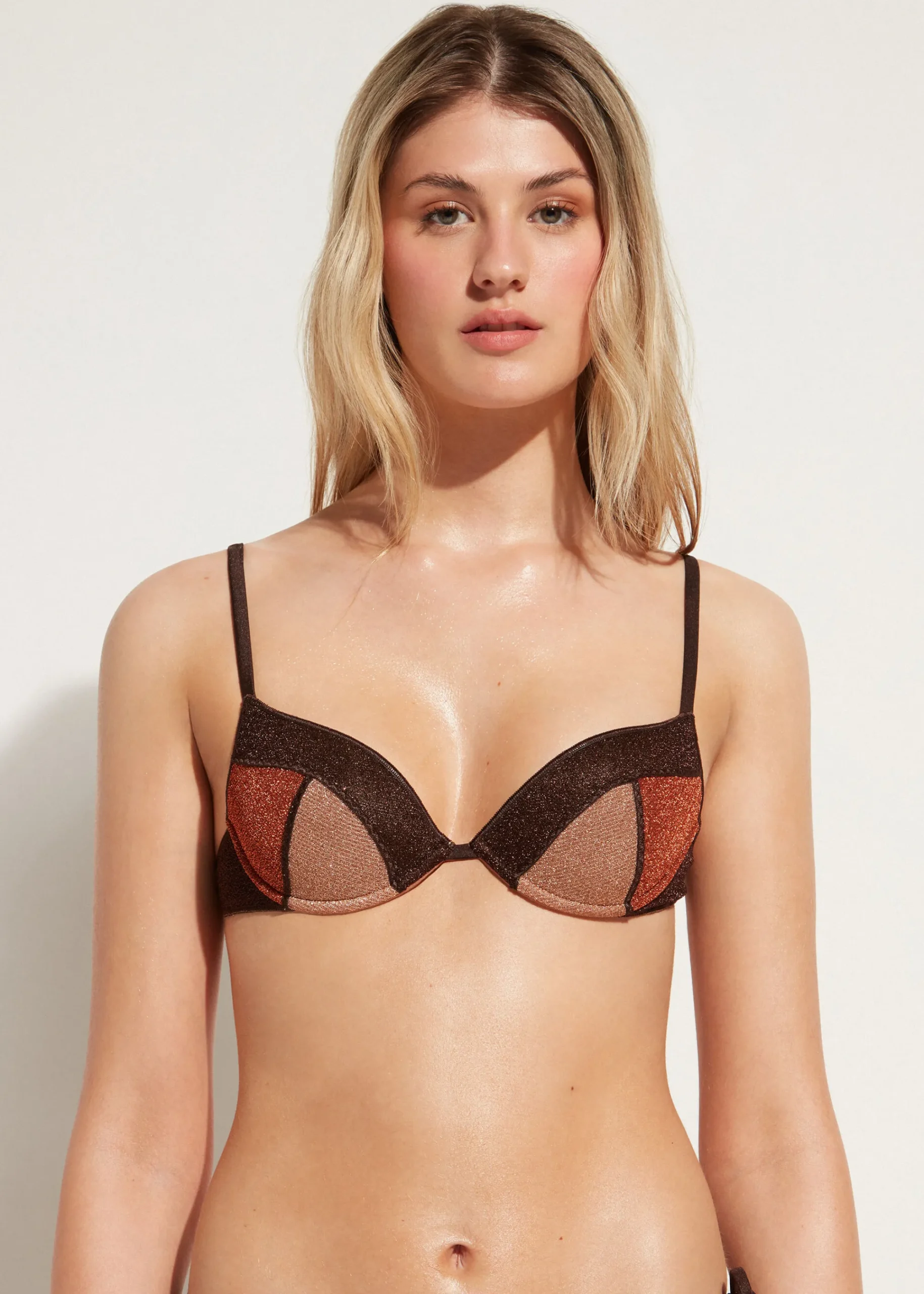 Bikini^Calzedonia Padded Push-Up Bikini Top Lisbona 707C - Brown Patchwork