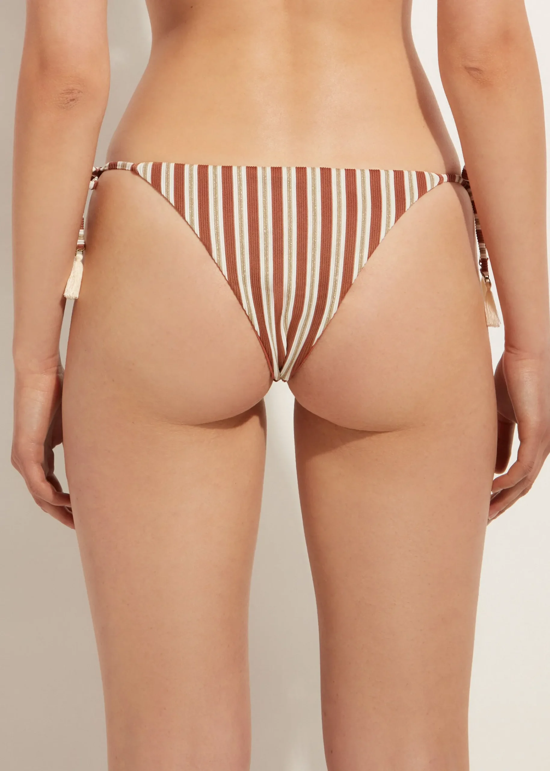 Bikini^Calzedonia Rodi Stripe Bow Brazilian Bikini Bottoms 687C - Brown/White Stripes