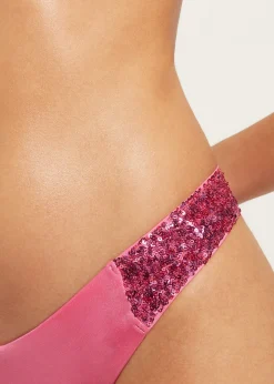 Bikini^Calzedonia Sequin High-Leg Brazilian Bikini Bottoms Cannes 620C - Pink Sequin