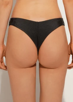 Bikini^Calzedonia Sequin High-Leg Brazilian Bikini Bottoms Cannes 650C - Black Sequin
