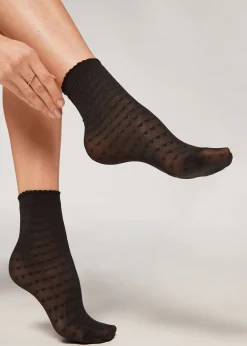 Short Socks^Calzedonia Short Heart Motif Mesh Socks 5257 - Black Hearts
