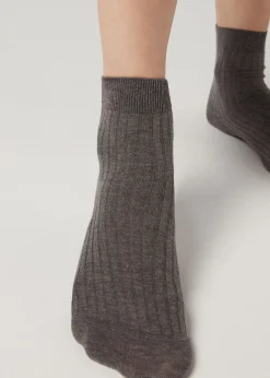 Short Socks^Calzedonia Short Ribbed Socks With Cotton And Cashmere 042 - Mid Grey Blend