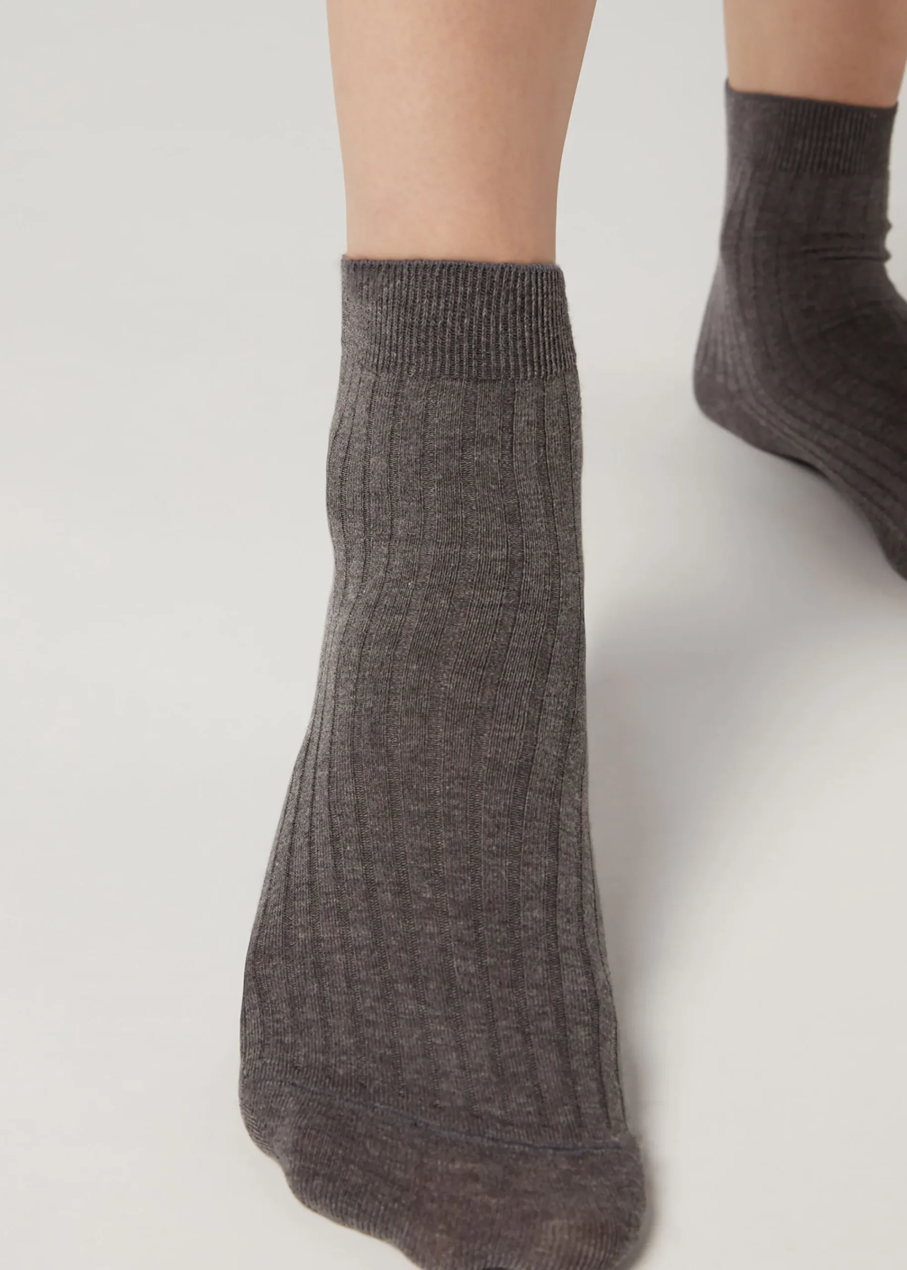 Short Socks^Calzedonia Short Ribbed Socks With Cotton And Cashmere 042 - Mid Grey Blend