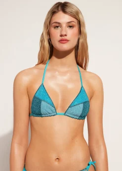Bikini^Calzedonia Slide Triangle Bikini Top Lisbona 706C - Turquoise Green Patchwork