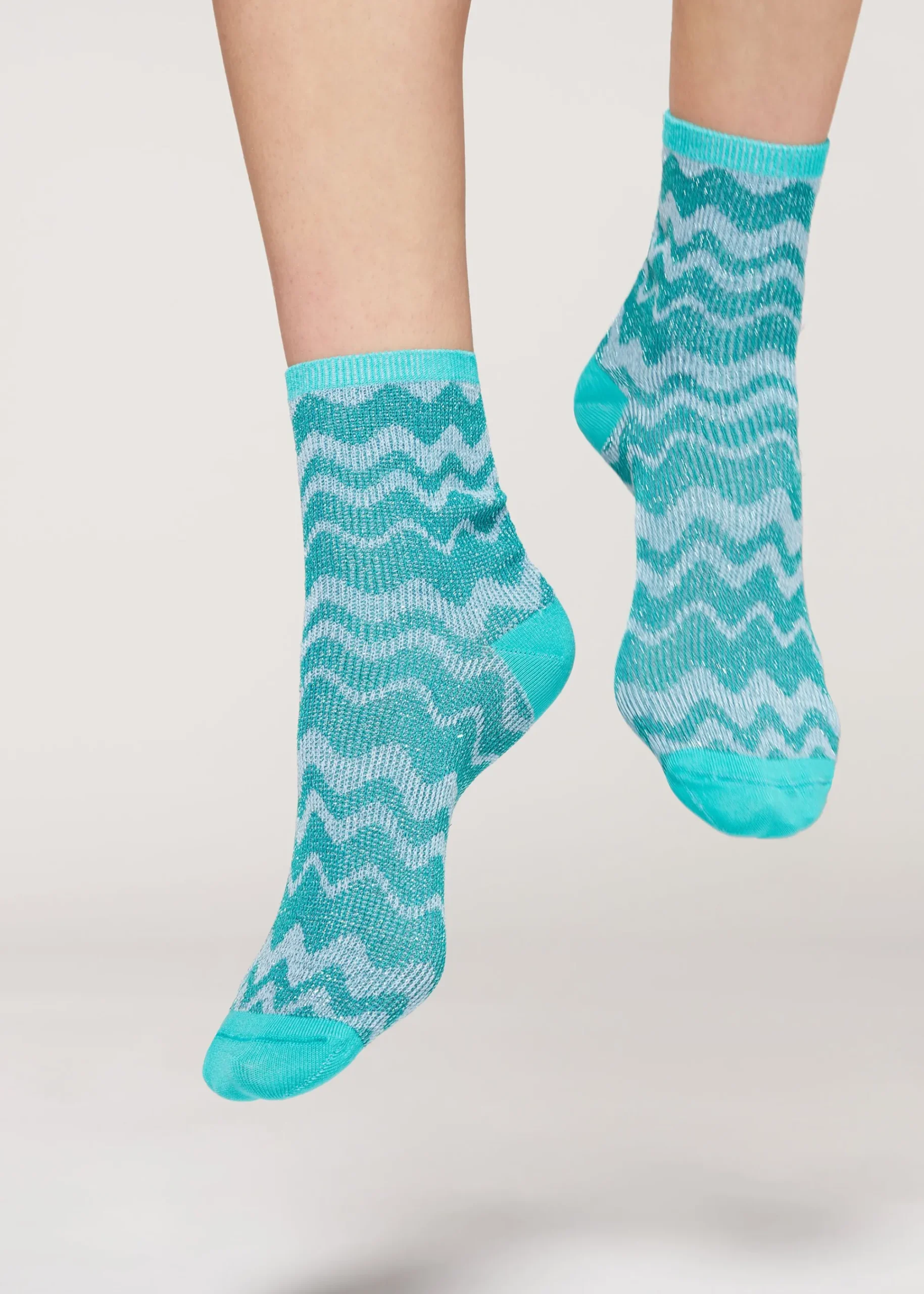 Short Socks^Calzedonia Wave Motif Short Socks With Glitter 9696 - Aqua Green Wave Glitter