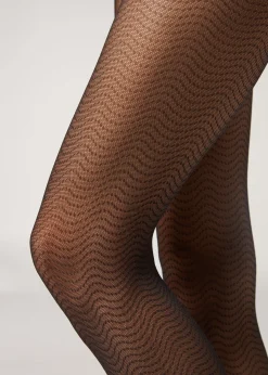 Patterned Tights^Calzedonia Wave-Patterned Fishnet Tights 5236 - Black Wave Print